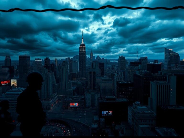 Flick International Dramatic urban landscape of New York City with police and ICE agents representing law enforcement amidst a tense atmosphere.