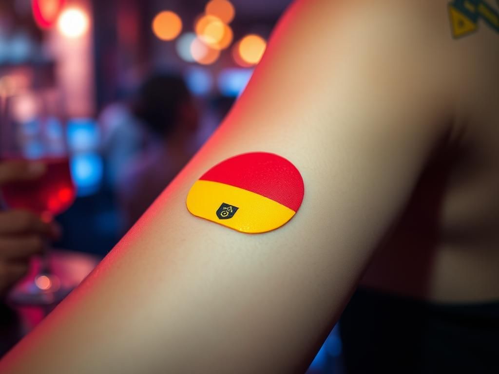 Flick International Close-up of a temporary tattoo sticker detecting date rape drugs on smooth skin.