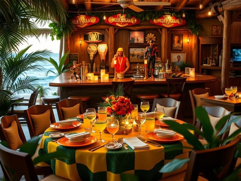 Flick International A vibrant restaurant table celebrating Hulk Hogan's life with tropical decorations and memorabilia.