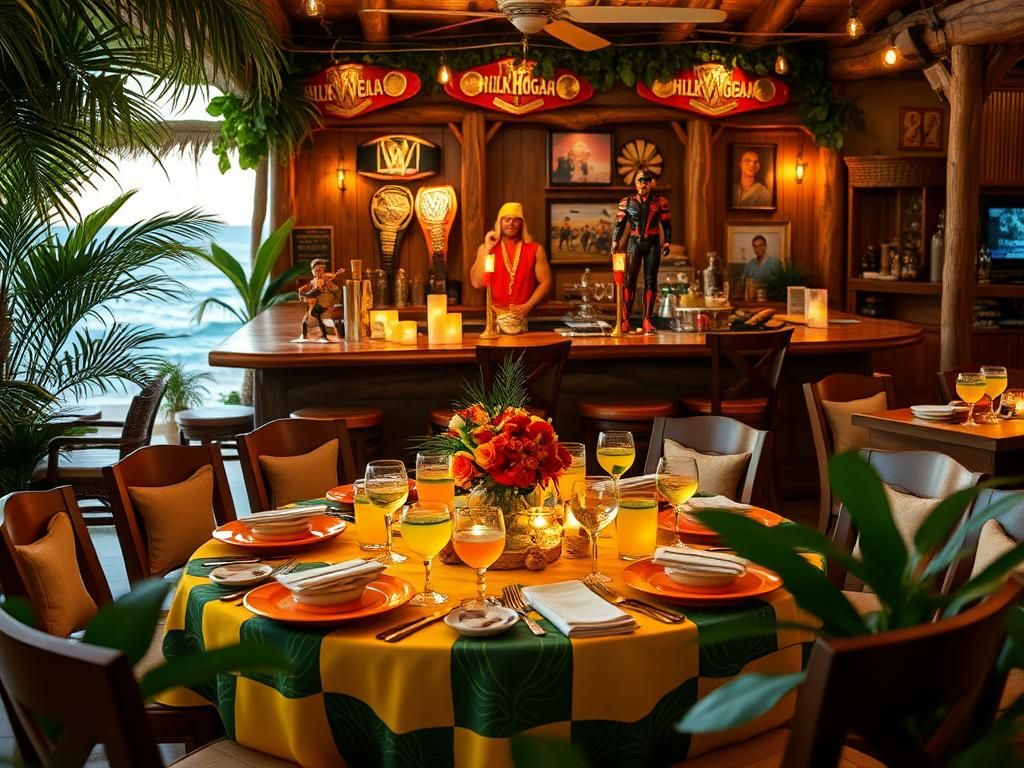 Flick International A vibrant restaurant table celebrating Hulk Hogan's life with tropical decorations and memorabilia.