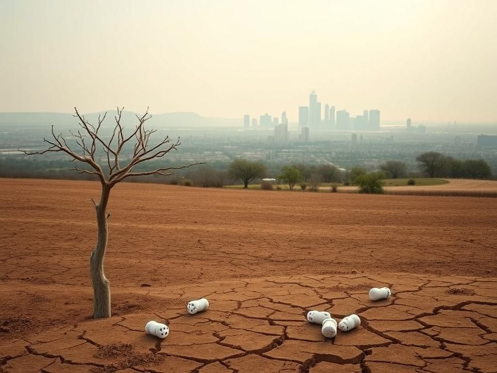 Flick International A barren field with a single wilted tree under a hazy skyline representing overpopulation concerns