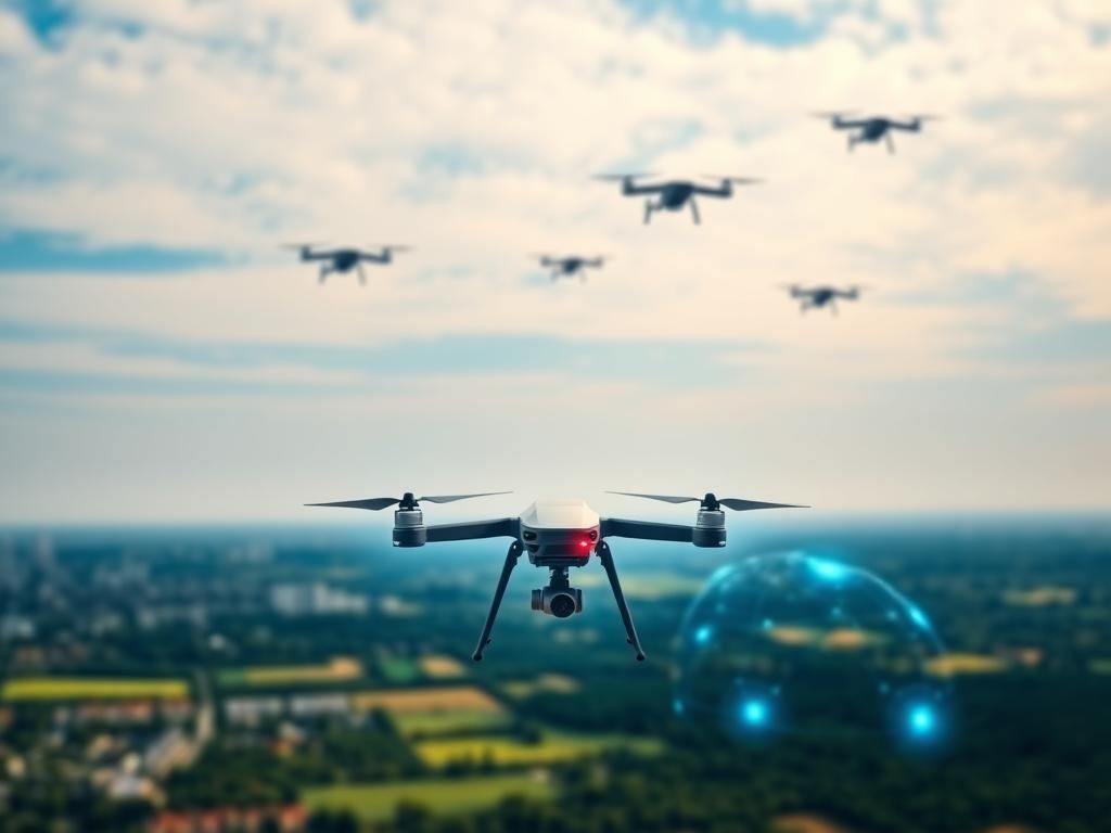 Flick International A panoramic view of multiple delivery drones soaring in a bright blue sky above a lush landscape