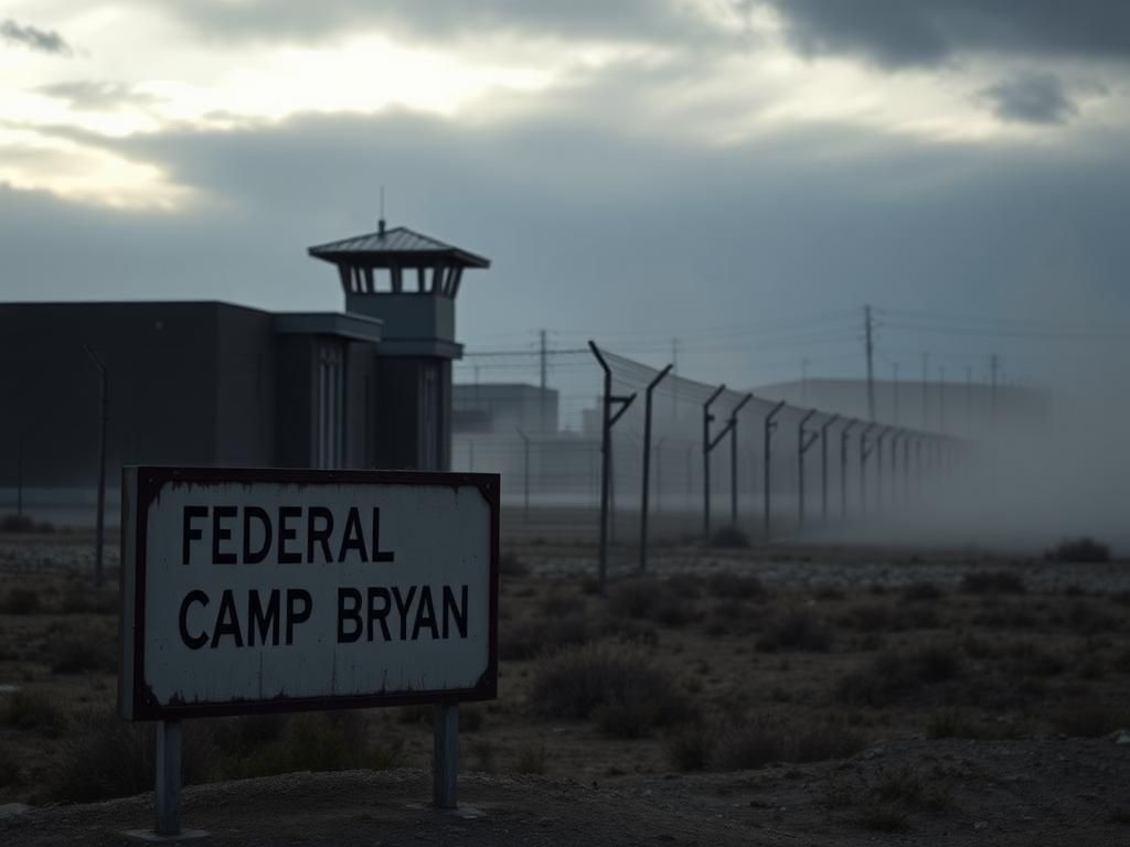 Flick International Somber view of Federal Prison Camp Bryan showcasing stark architecture and high-security fences