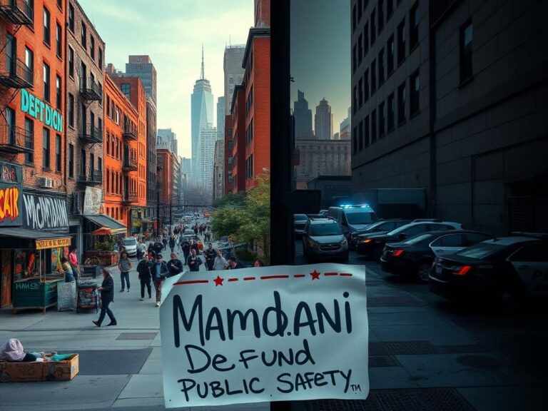 Flick International Split urban scene of New York City depicting community vibrancy and police presence