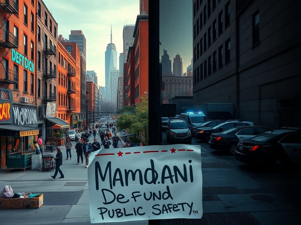 Flick International Split urban scene of New York City depicting community vibrancy and police presence