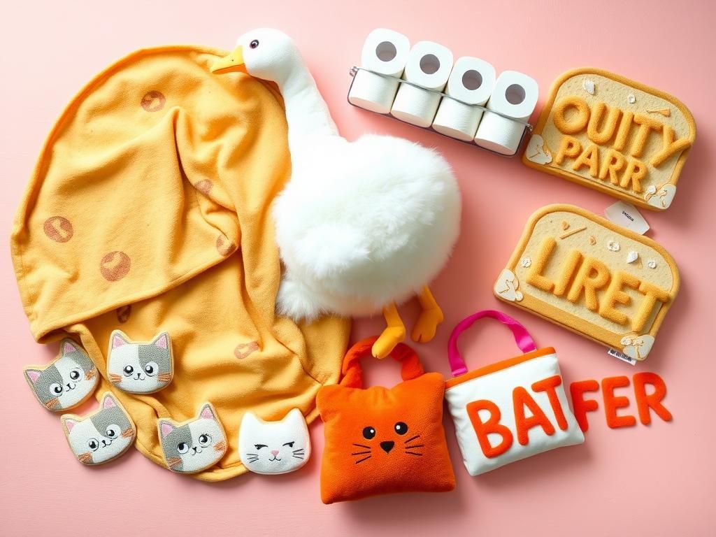 Flick International A whimsical flat lay scene featuring quirky products from Amazon, including a tortilla blanket, plush goose toy, cat-shaped coasters, and an ostrich pillow