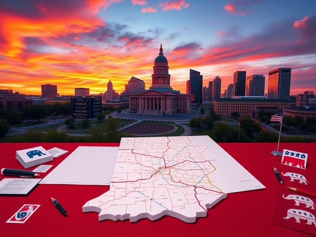 Flick International Dramatic sunset over the skyline of Indianapolis, Indiana, highlighting the Indiana Statehouse with a map of redistricting proposals in the foreground.