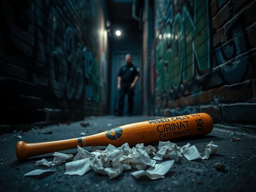 Flick International Battered baseball bat abandoned in a dimly lit Cincinnati alleyway symbolizing violence