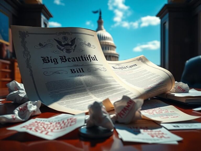 Flick International A large legislative document titled 'Big Beautiful Bill' on a polished wooden desk with crumpled papers and a blurred U.S. Capitol in the background