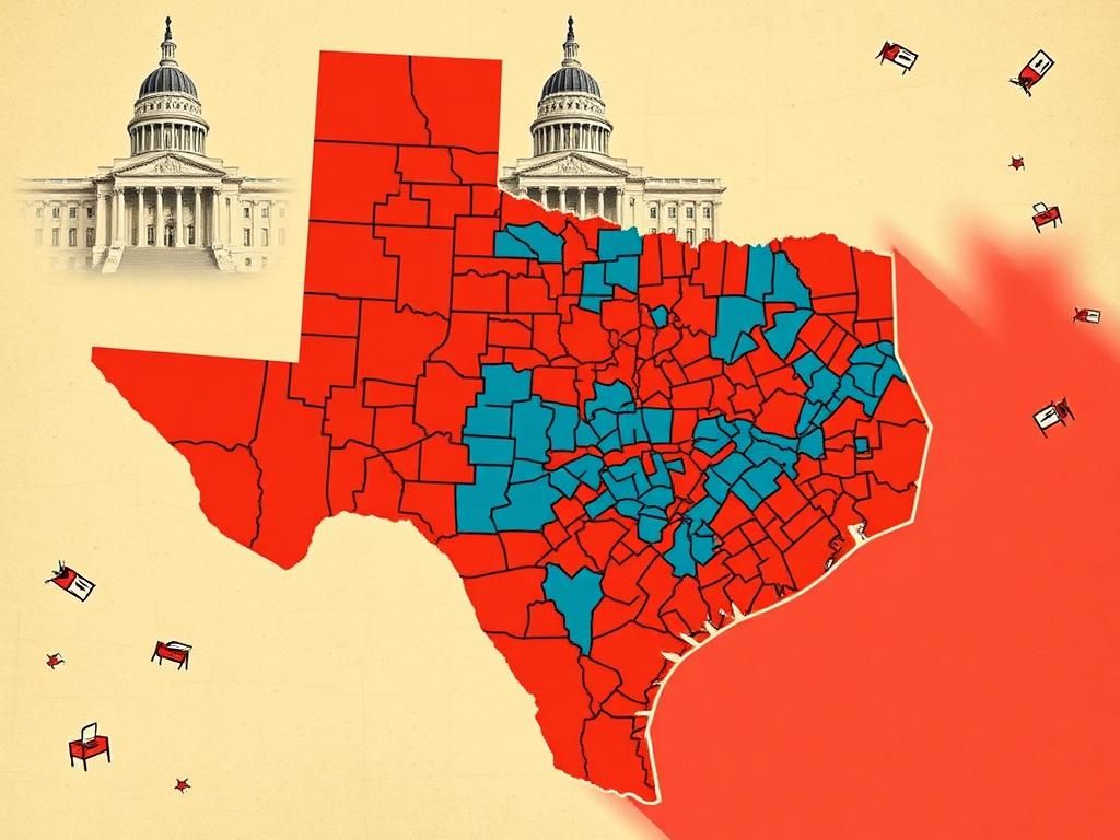 Flick International Stylized map of Texas illustrating gerrymandering with exaggerated boundaries between congressional districts