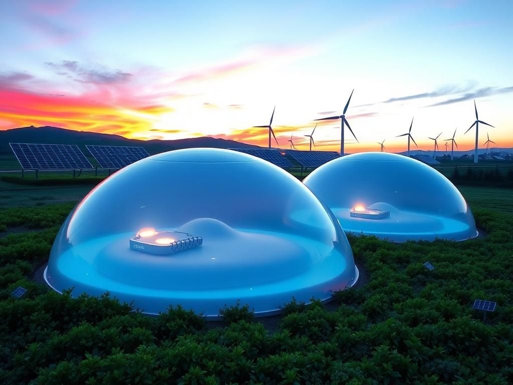 Flick International Futuristic energy storage facility featuring translucent domes filled with liquid carbon dioxide amidst a lush landscape.