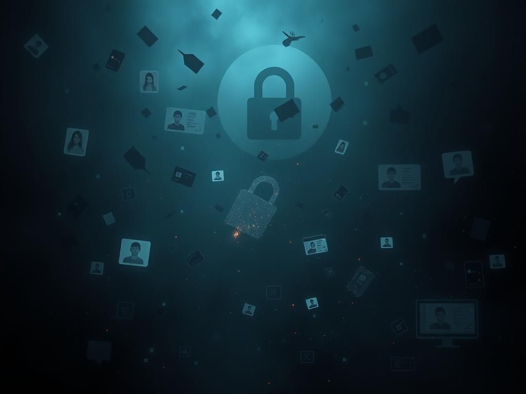 Flick International Dark digital landscape illustrating chaos of a data breach with fragmented images of selfies and IDs
