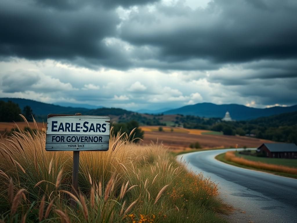 Flick International Weathered wooden campaign sign for Earle-Sears for Governor in Virginia countryside
