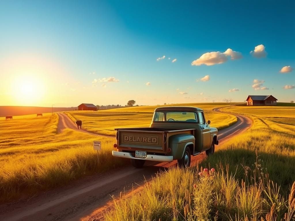 Flick International Vintage pickup truck parked on a rustic dirt road in a serene Oklahoma landscape