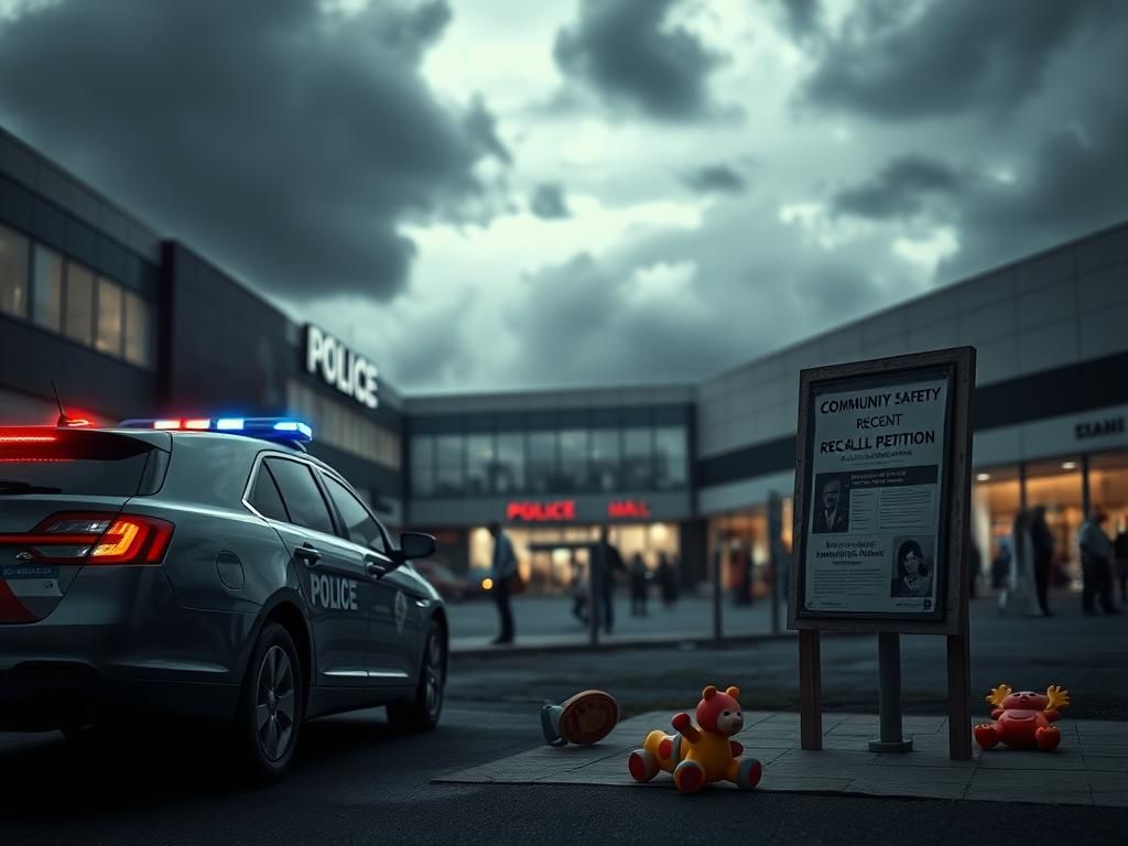 Flick International Dramatic scene outside a mall with a police car and dark clouds suggesting danger