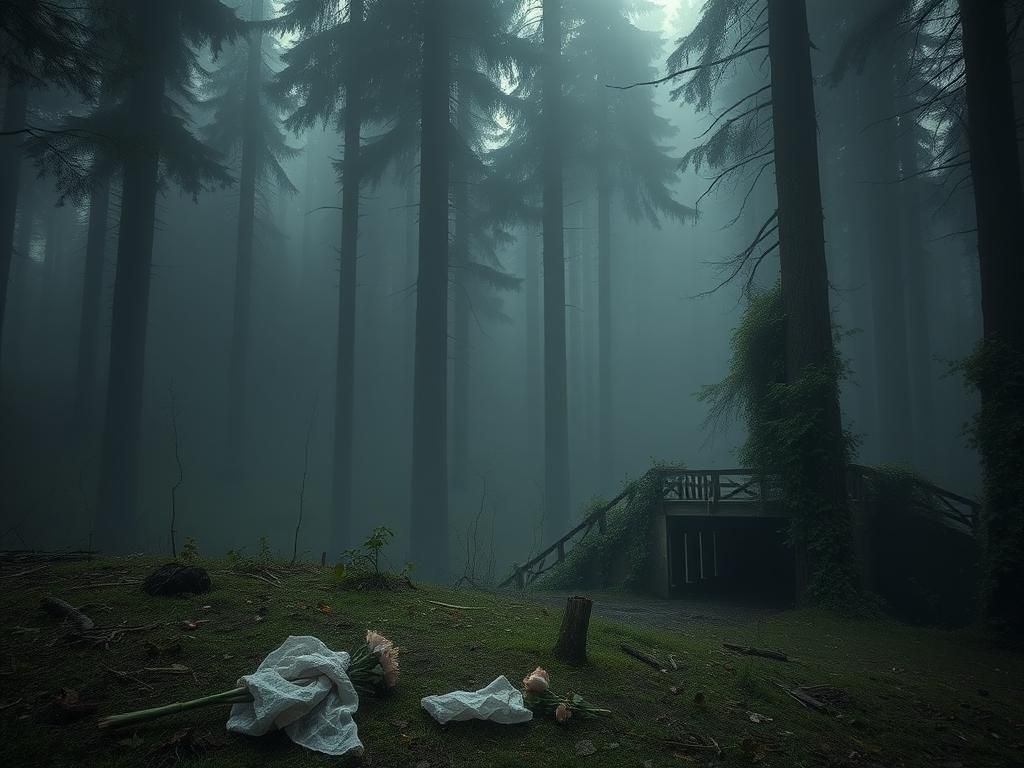 Flick International A dense, misty Oregon forest with an abandoned bridge and wilted flowers symbolizing hidden tragedies