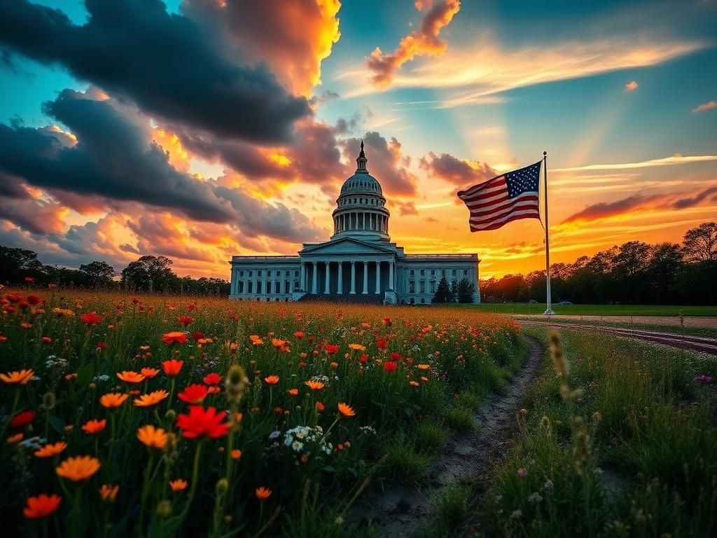 Flick International A dynamic political scene showcasing Tennessee's grand state capitol building against a vibrant sunset with colorful wildflowers and an American flag.