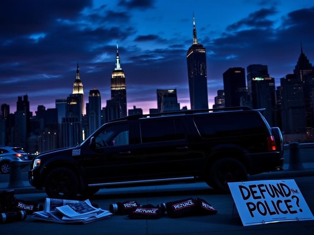 Flick International New York City skyline at dusk with a black security vehicle near a campaign office
