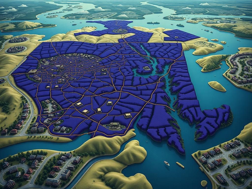 Flick International Artistic representation of Maryland's gerrymandered 'pterodactyl' congressional district, showcasing its intricate and chaotic shape.