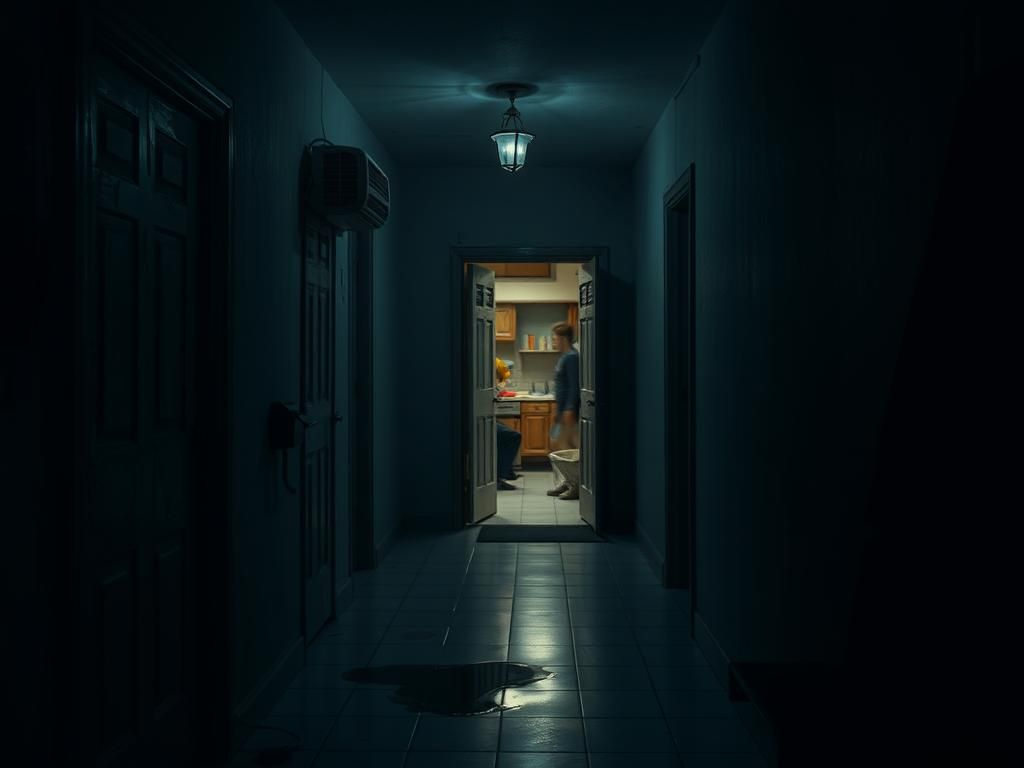 Flick International Dimly lit apartment hallway in Pasadena, Texas, depicting a scene suggestive of crime and vulnerability.