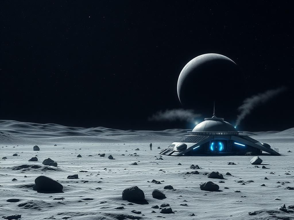 Flick International A futuristic lunar base on a desolate moon landscape under a starry sky