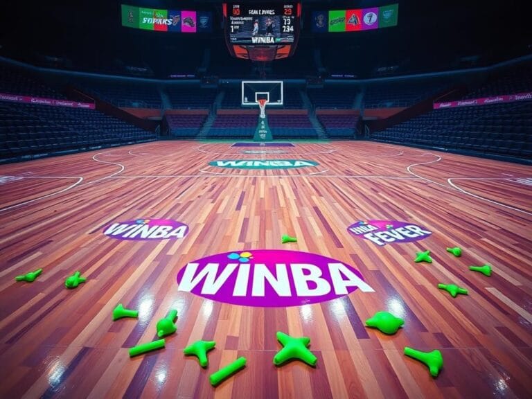 Flick International A vibrant basketball court with scattered green sex toys, highlighting the absurdity of recent WNBA controversies.