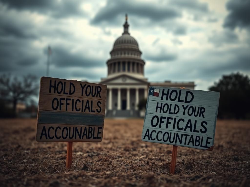 Flick International Dramatic Texas landscape featuring the state capitol building in Austin under a moody sky with a sign stating 'Hold Your Officials Accountable'