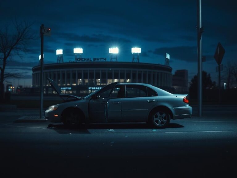 Flick International Damaged car parked on a dimly lit street after an accident near a football stadium