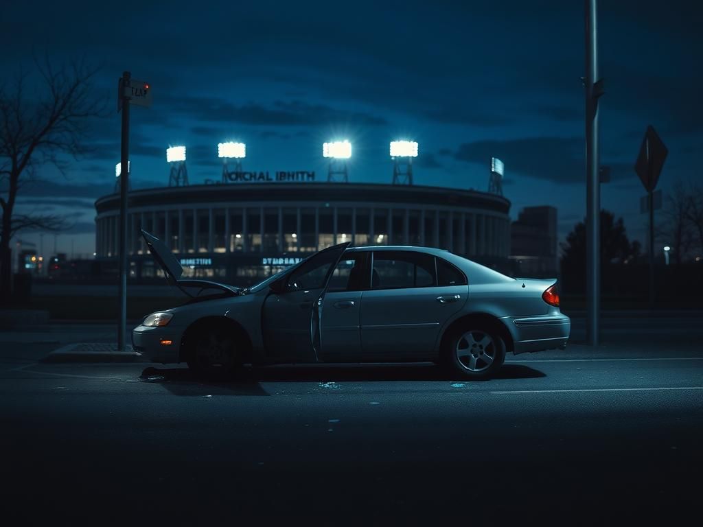 Flick International Damaged car parked on a dimly lit street after an accident near a football stadium