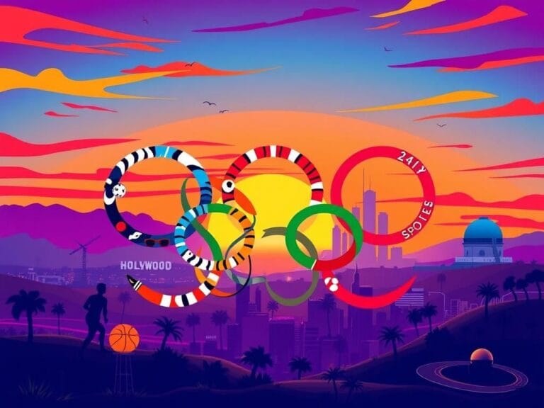 Flick International Stylized illustration of Los Angeles skyline with Olympic rings