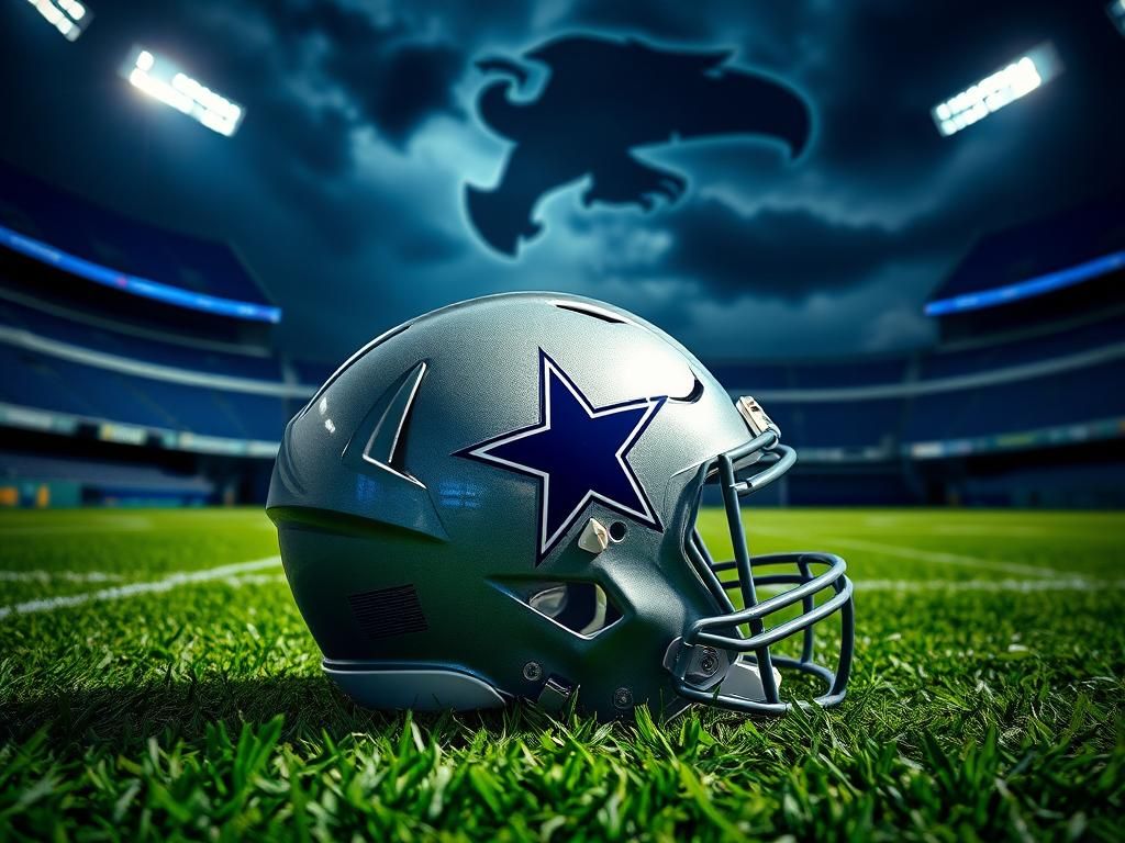Flick International A vibrant Dallas Cowboys helmet on a green field under bright stadium lights, symbolizing anticipation and uncertainty.