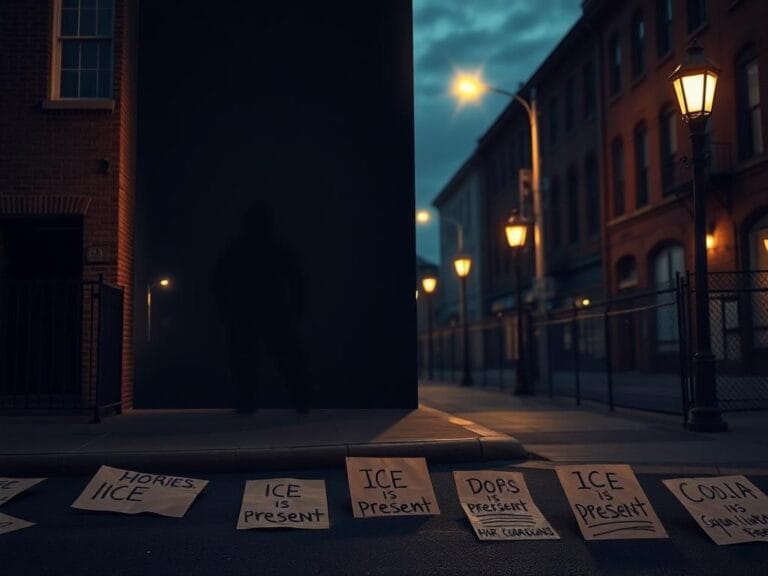Flick International An ominous shadow of a law enforcement vehicle on a dimly lit street corner, suggesting an ICE raid.