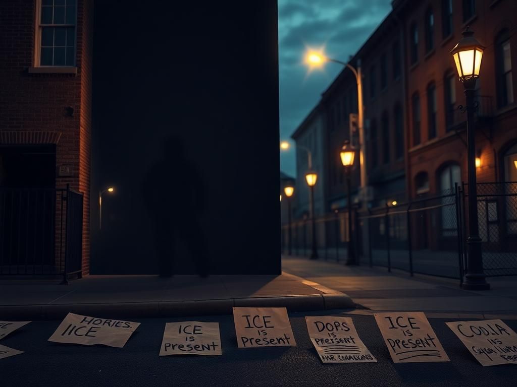 Flick International An ominous shadow of a law enforcement vehicle on a dimly lit street corner, suggesting an ICE raid.