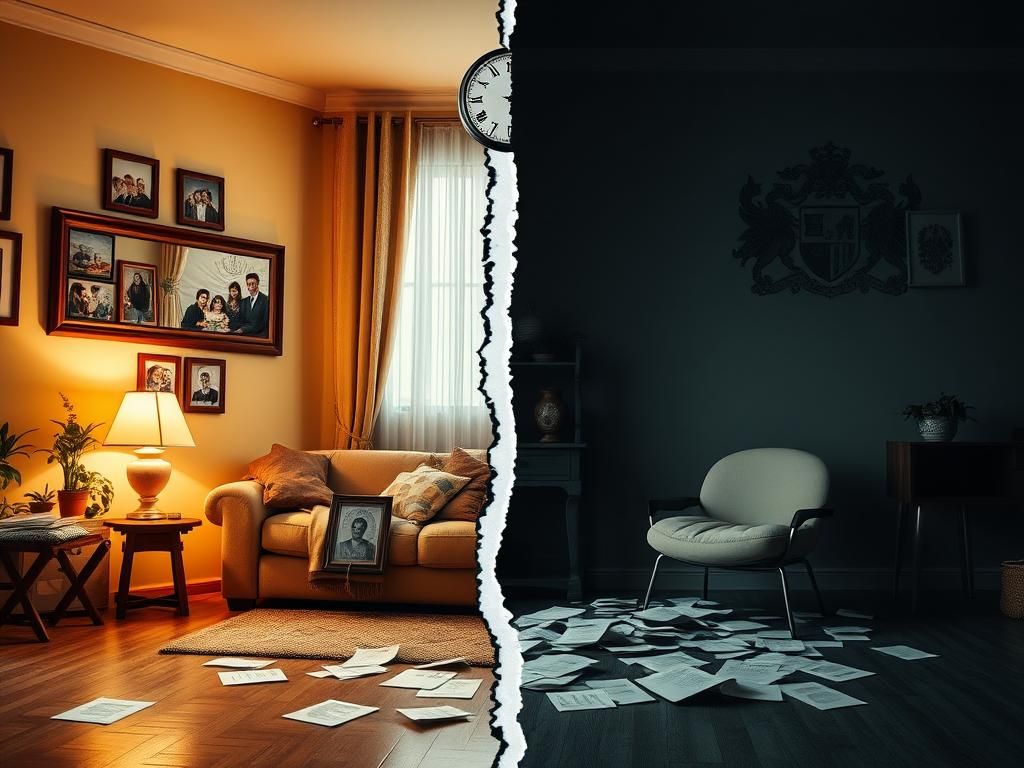 Flick International A dramatic scene depicting a family home split by division, symbolizing betrayal and conflict