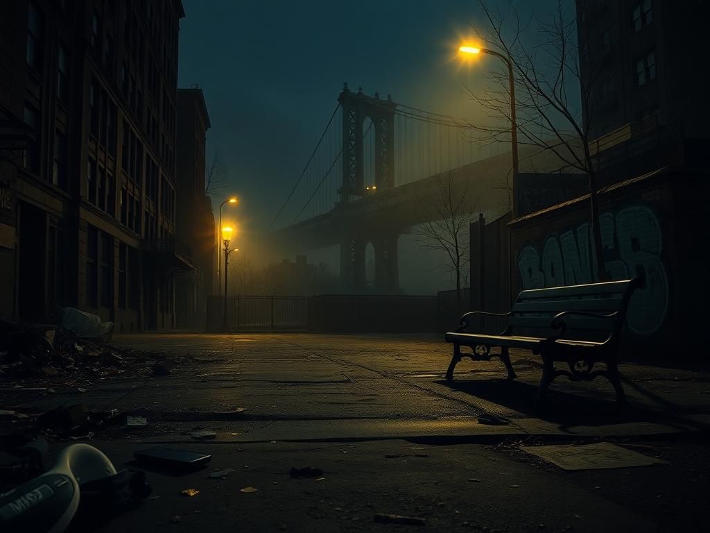Flick International Dark and moody cityscape of New York City at nighttime with a focus on a dilapidated urban street