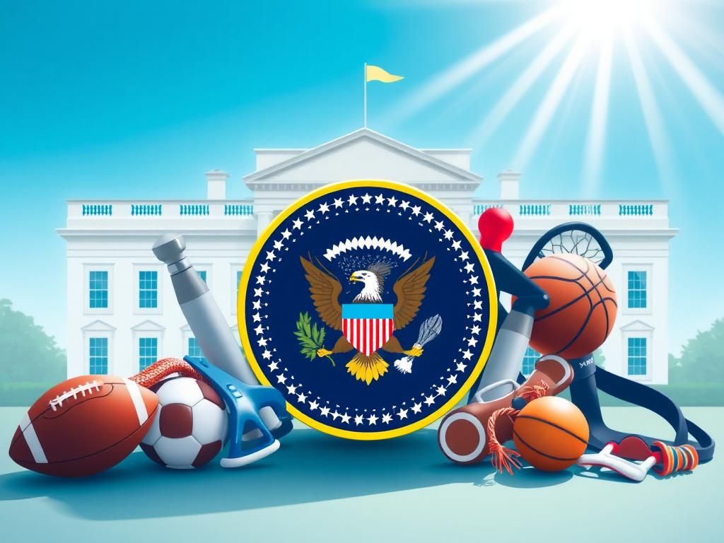 Flick International Artistic representation of the presidential seal surrounded by sports equipment representing the Council on Sports, Fitness, and Nutrition