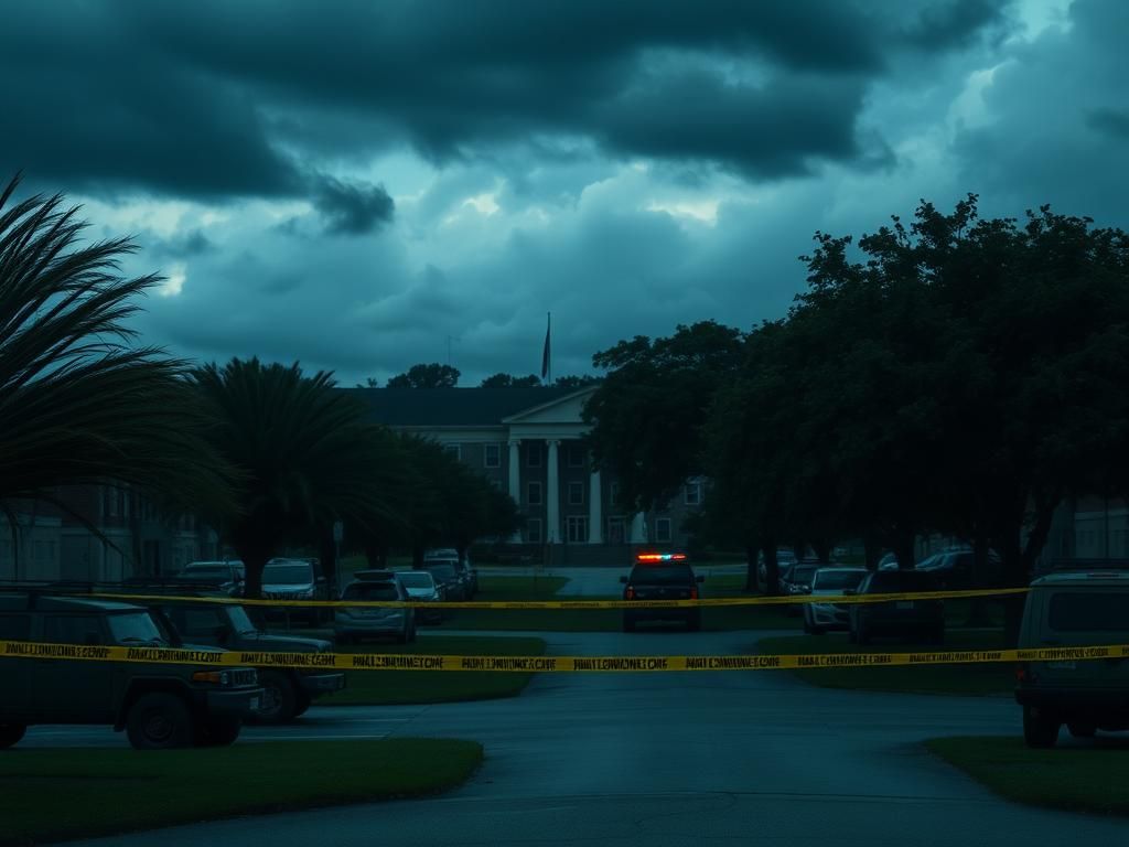 Flick International Exterior view of Fort Stewart, Georgia, showing military presence and barracks during a tense atmosphere.