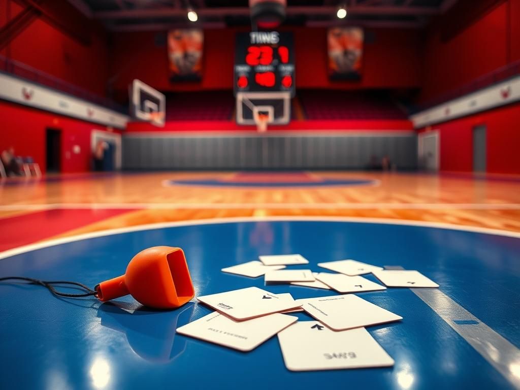 Flick International Dynamic basketball court scene with referee's whistle and cards symbolizing criticism