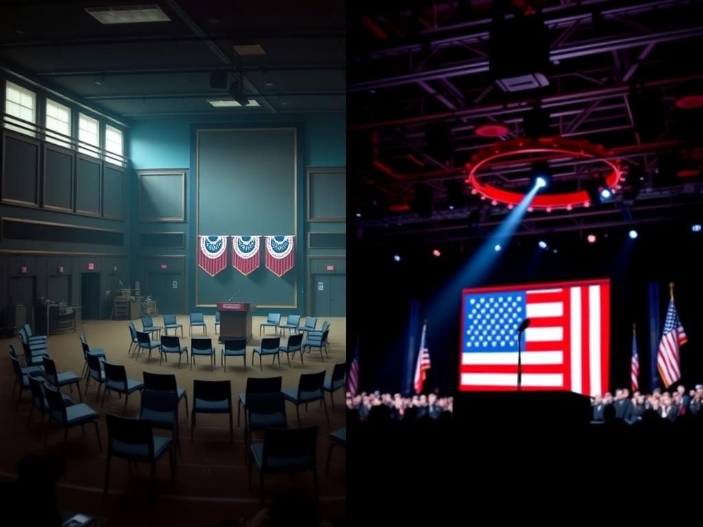 Flick International A split scene contrasting a dimly lit union hall with an empty podium and a bustling Republican National Convention stage under bright lights