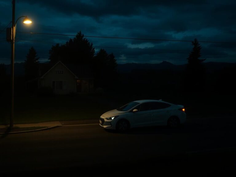Flick International Dimly lit rural Idaho landscape with a shadowy white Hyundai Elantra parked near a suburban house at twilight