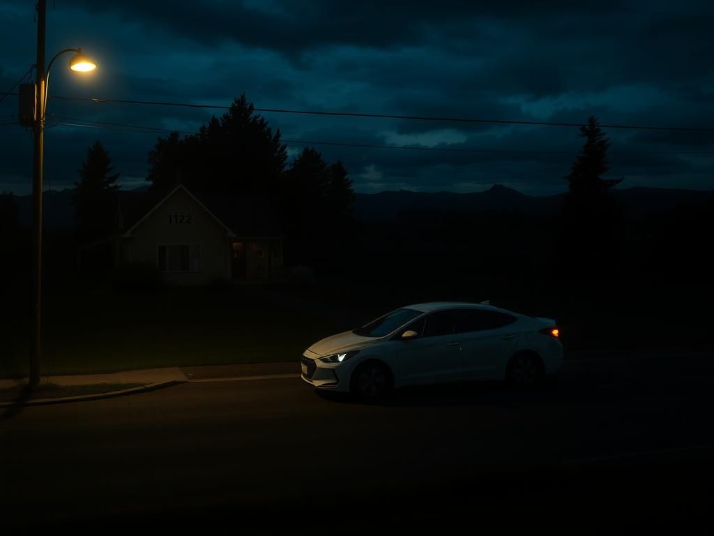 Flick International Dimly lit rural Idaho landscape with a shadowy white Hyundai Elantra parked near a suburban house at twilight