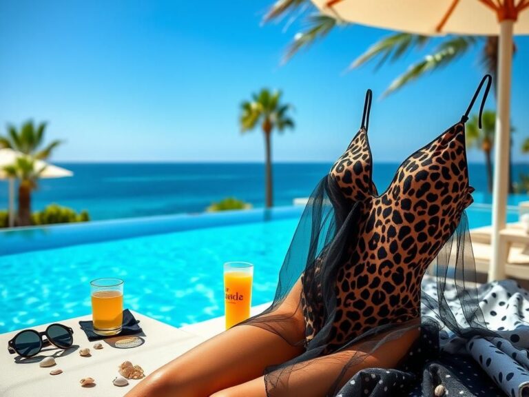 Flick International Brooks Nader in a stylish leopard-print swimsuit on a sun lounger in Saint-Tropez