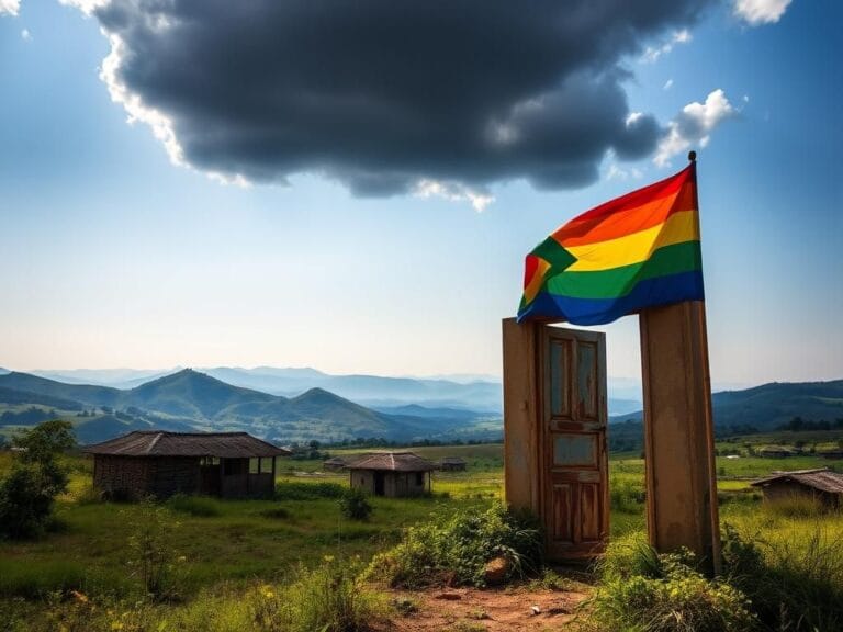 Flick International A vibrant sunlit landscape of Uganda with an abandoned property and overgrown flora, symbolizing beauty and neglect.