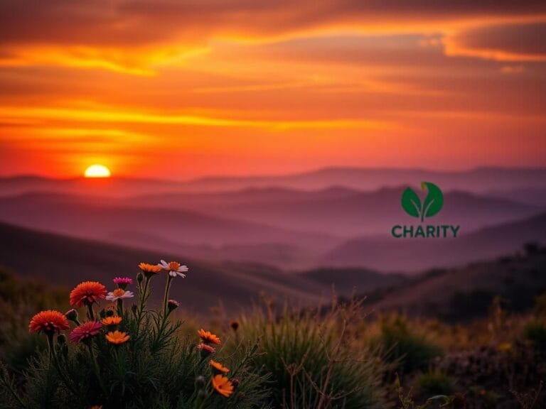 Flick International Serene African landscape at dusk with vibrant sunset and colorful wildflowers symbolizing hope