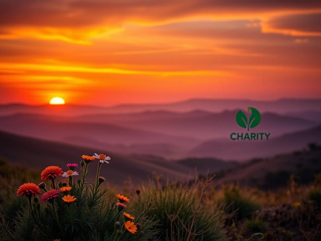 Flick International Serene African landscape at dusk with vibrant sunset and colorful wildflowers symbolizing hope