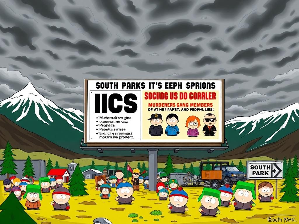 Flick International Colorful satirical illustration from South Park depicting a humorous take on DHS recruitment