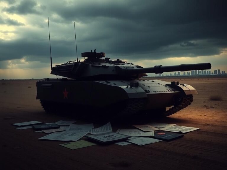 Flick International Silhouette of an M1A2 Abrams tank in a desert setting with classified documents around it