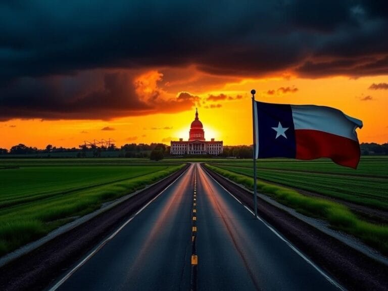 Flick International A dramatic Texas landscape at sunset featuring the Texas state flag in the foreground