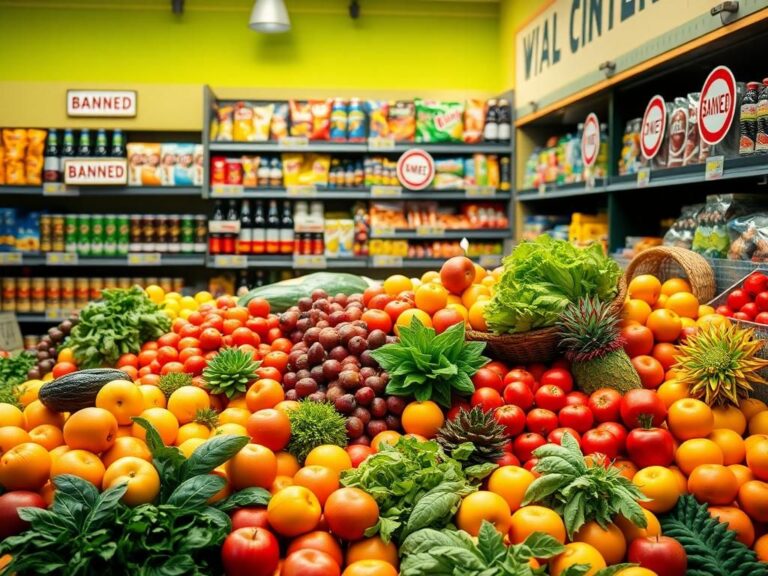 Flick International Vibrant food market display of fresh fruits and vegetables contrasted with junk food section marked 'Banned'
