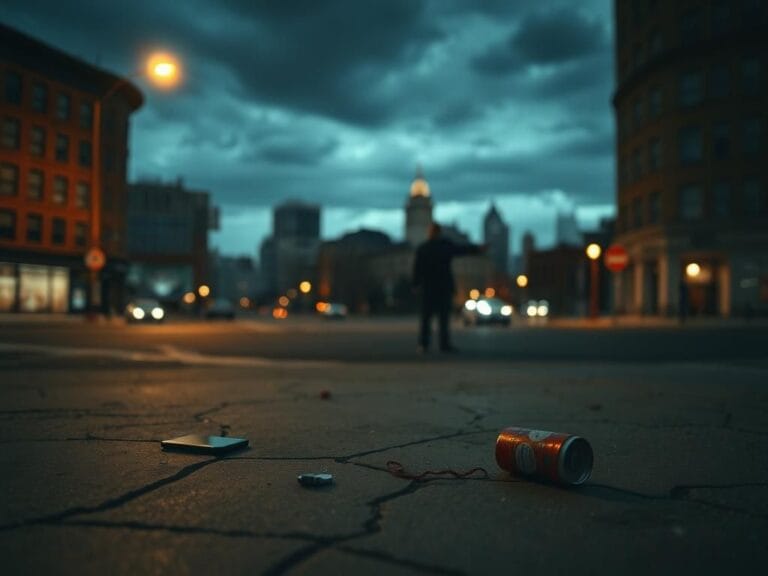 Flick International Dimly lit urban scene at the intersection of Fourth and Elm streets in Cincinnati, Ohio, depicting a cracked sidewalk and a shadowy figure pointing towards a police station
